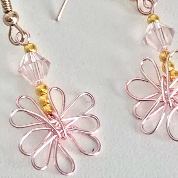 New Wrapped Wire Daisy Flower Dangling Earrings Glass Crystal Rose Gold Coloured - Picture 3 of 8